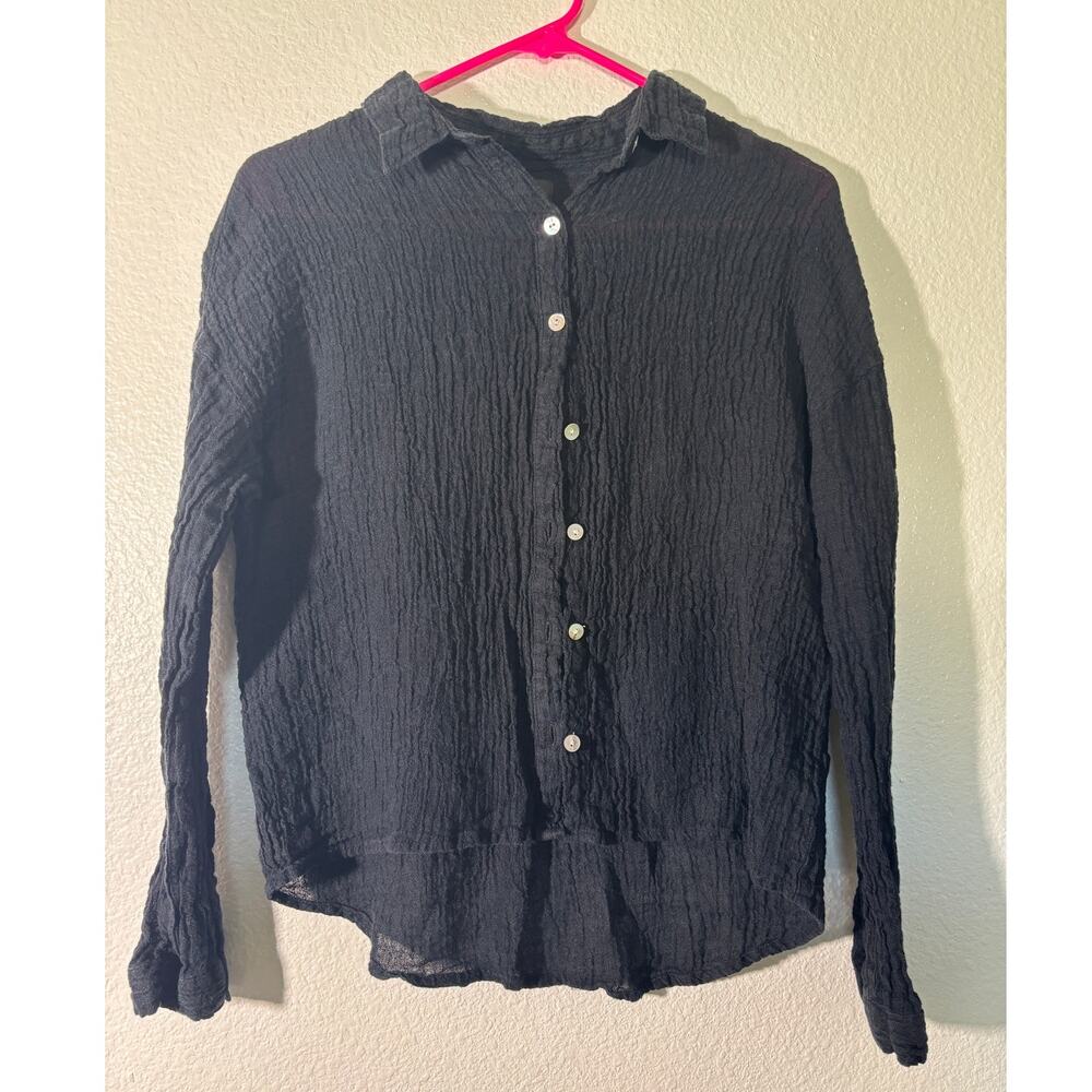 Tahari Women's Size S Black Linen Gauzy Crinkle Long Sleeve Button-Up Shirt